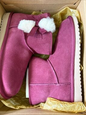 Koolaburra Suede Ankle Booties with Pom Accent - Berry